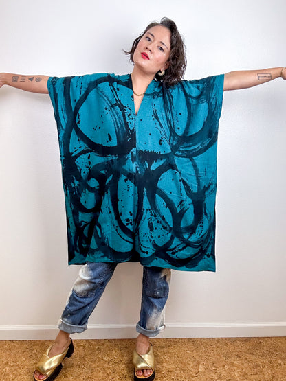 Oversized Hand-Dyed Linen Blend Smock Dress Teal Sumi