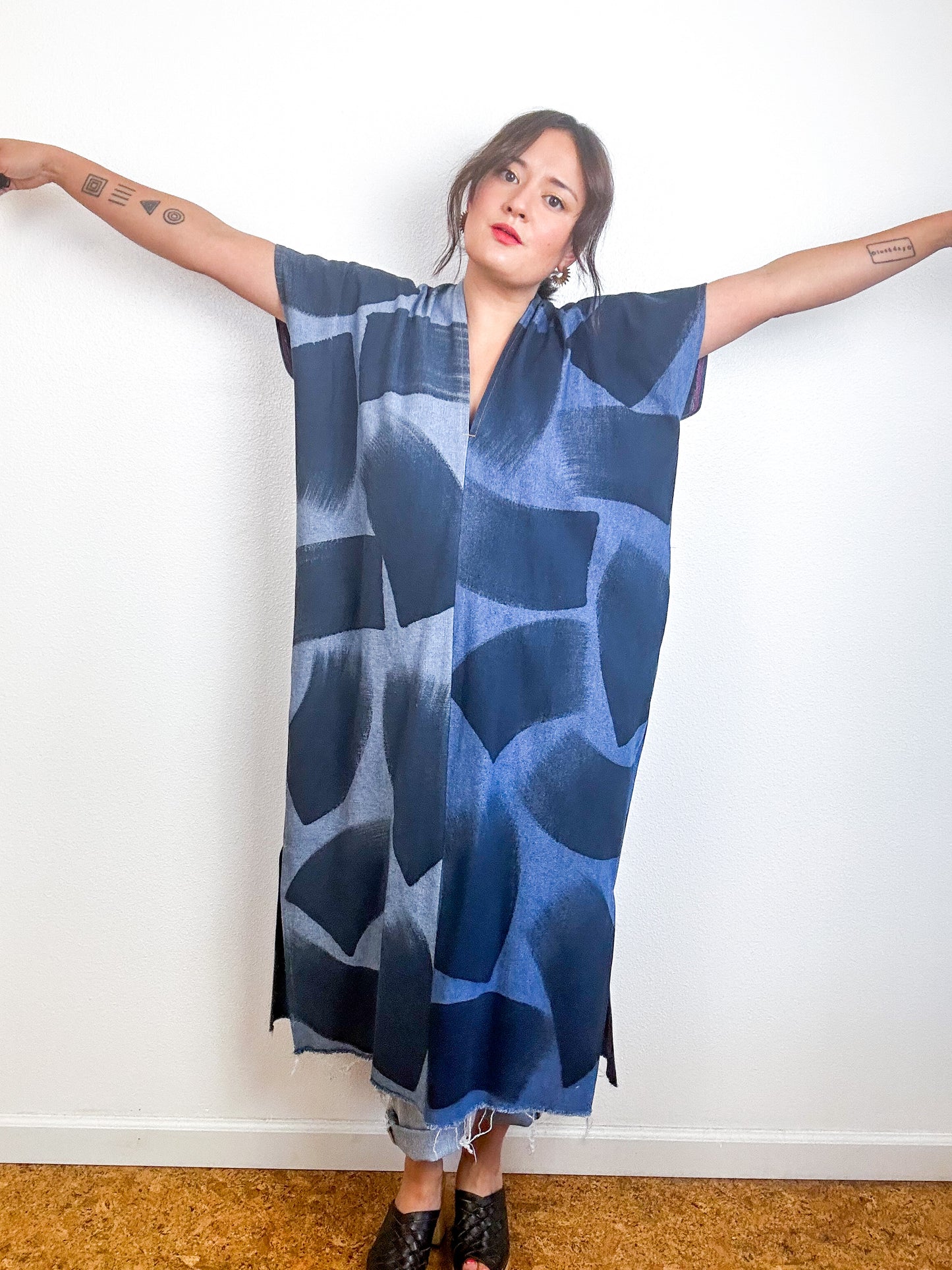 Hand-Dyed Denim Midi Smock Dress Two Tone Brushstrokes