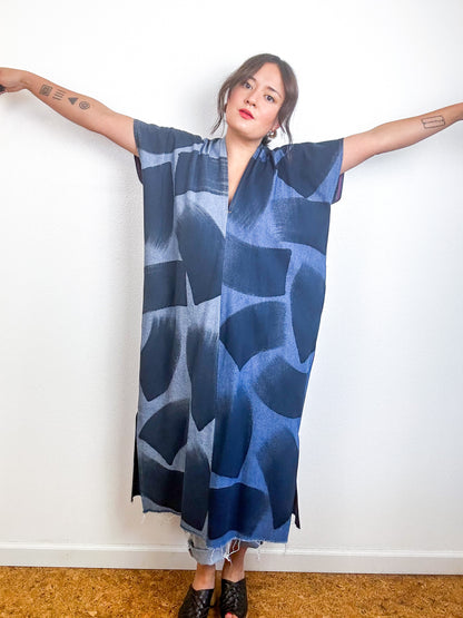 Hand-Dyed Denim Midi Smock Dress Two Tone Brushstrokes