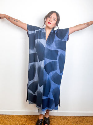 Hand-Dyed Denim Midi Smock Dress Two Tone Brushstrokes