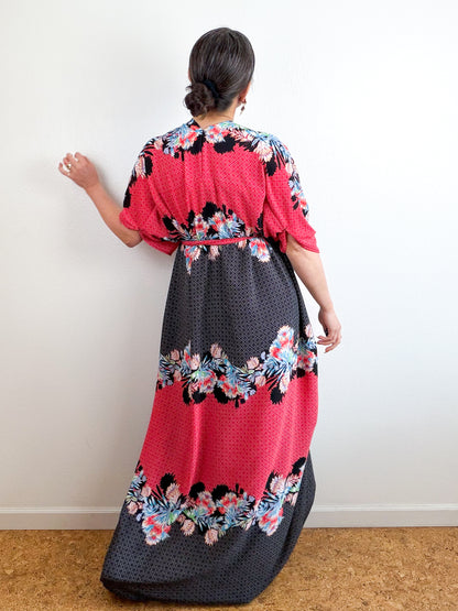 Print High Low Kimono Red Black Tropical Bubble Crepe