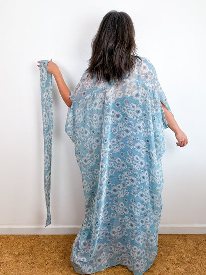 Print High Low Kimono Powder Blue Floral Chiffon