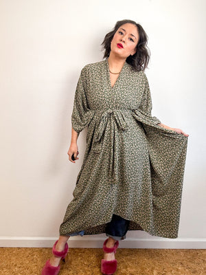 High Low Kimono Olive Leopard Bubble Crepe