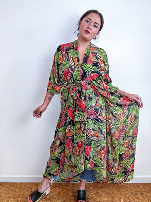 Print High Low Kimono Green Orange Palm Chiffon