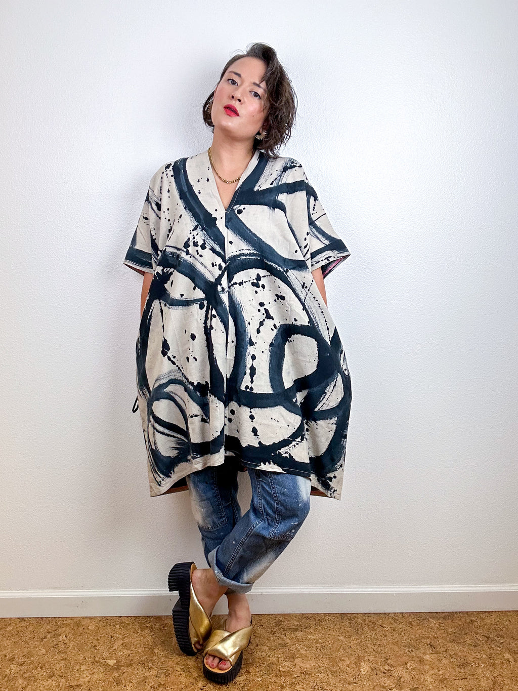 Oversized Hand-dyed Linen Blend Smock Dress Bone Sumi