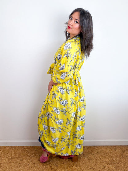 Print High Low Kimono Lemon Yellow Floral Challis
