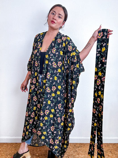 Print High Low Kimono Black Floral Vine Challis