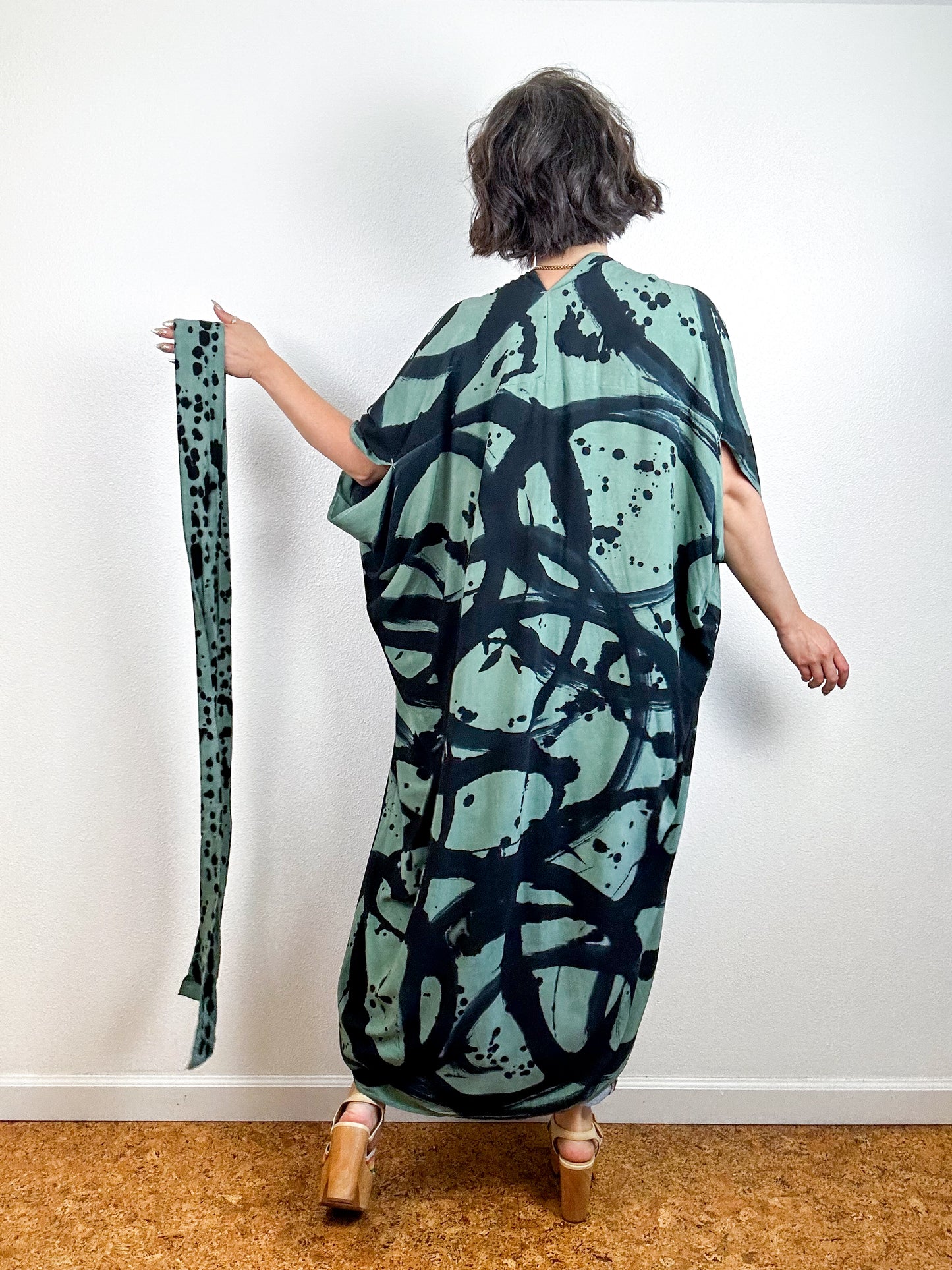 Hand-Dyed High Low Kimono Sage Black Sumi