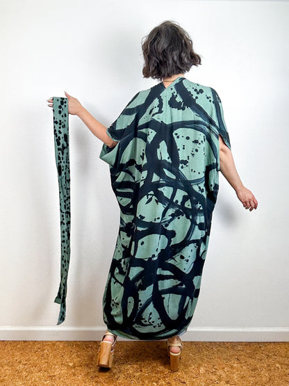 Hand-Dyed High Low Kimono Sage Black Sumi