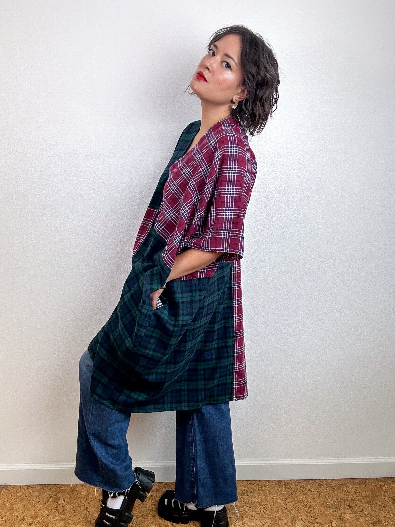 Oversized Patchwork Plaid Smock Dress Forest Maroon