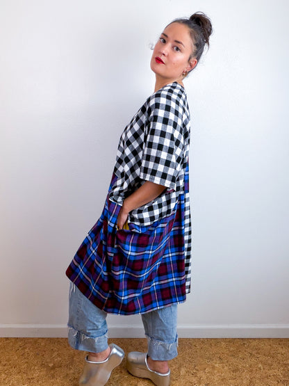 Plaid Flannel Caftan Dress Black White Jewel