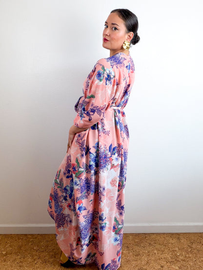 Print High Low Kimono Blush Blue Floral Bubble Crepe