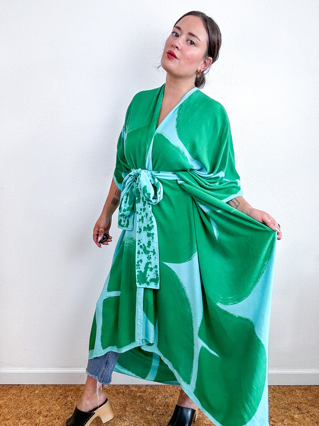 Hand-Dyed High Low Kimono Aqua Green Brushstroke