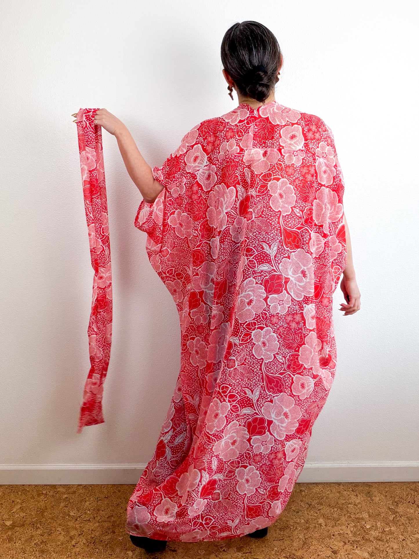 Print High Low Kimono Red Floral Chiffon