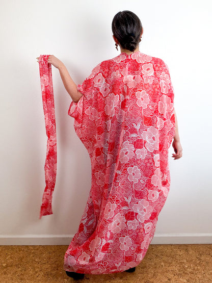 Print High Low Kimono Red Floral Chiffon