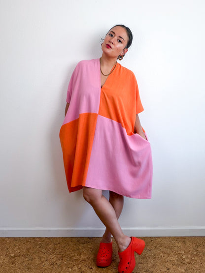 Linen Blend Caftan Dress Pink Orange Color Block