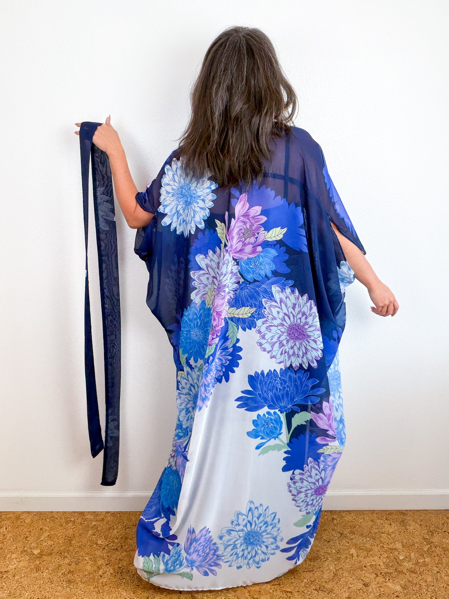 Print High Low Kimono Navy Lavender Dhalia Chiffon