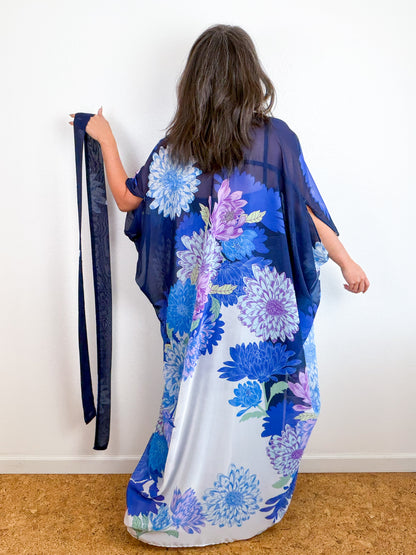 Print High Low Kimono Navy Lavender Dhalia Chiffon