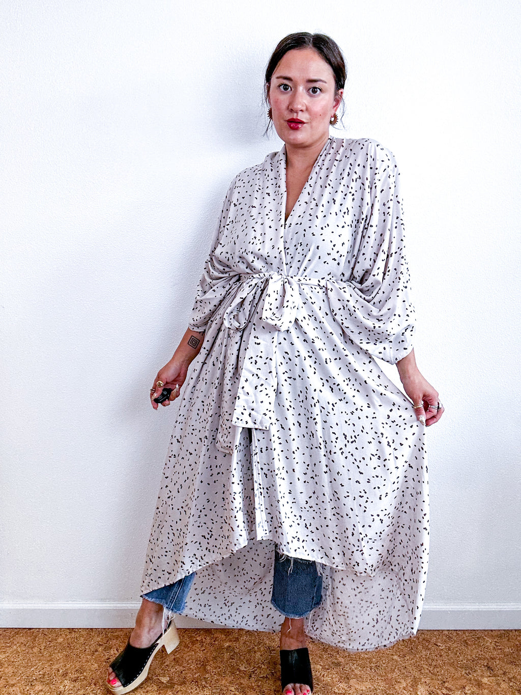 Print High Low Kimono Bone Grey Speckle Challis