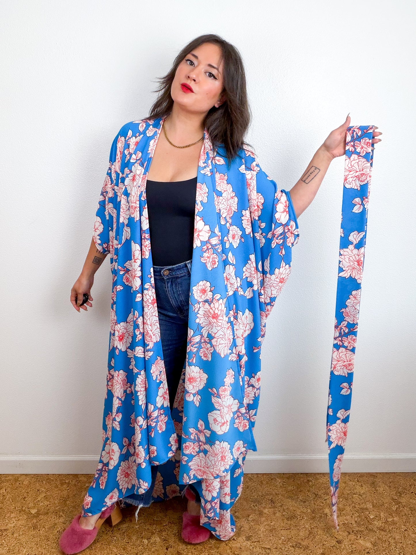 Print High Low Kimono Turquoise Orange Floral Bubble Crepe