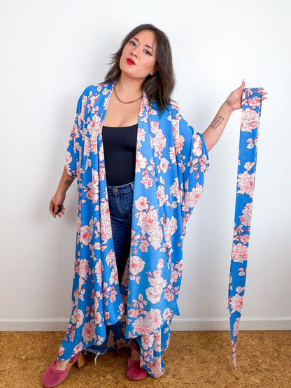 Print High Low Kimono Turquoise Orange Floral Bubble Crepe