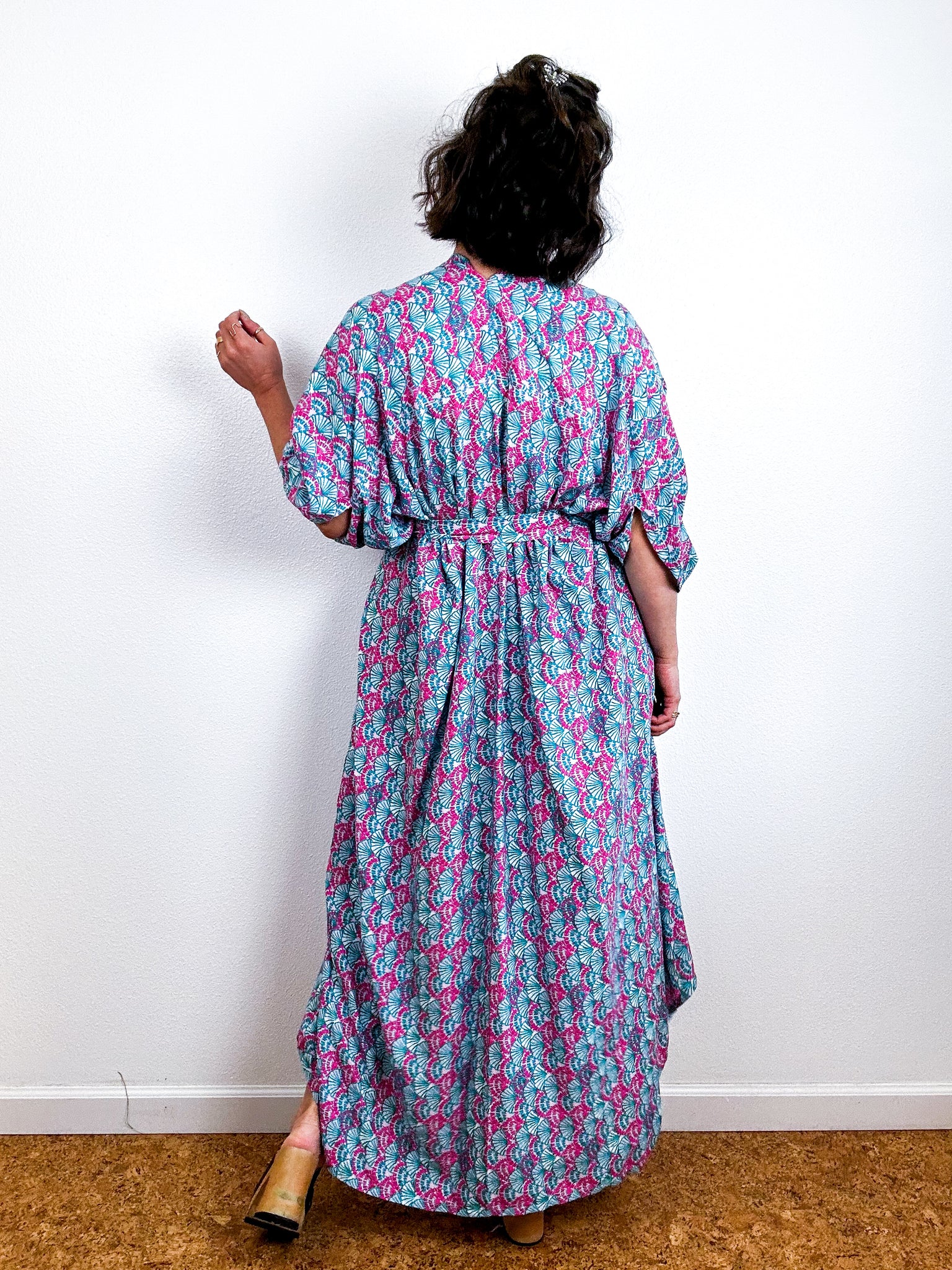 Print High Low Kimono Pink Turquoise Challis