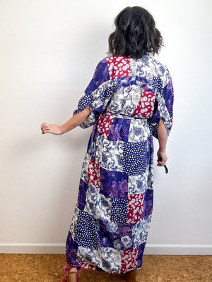 Print High Low Kimono Purple Patchwork Georgette