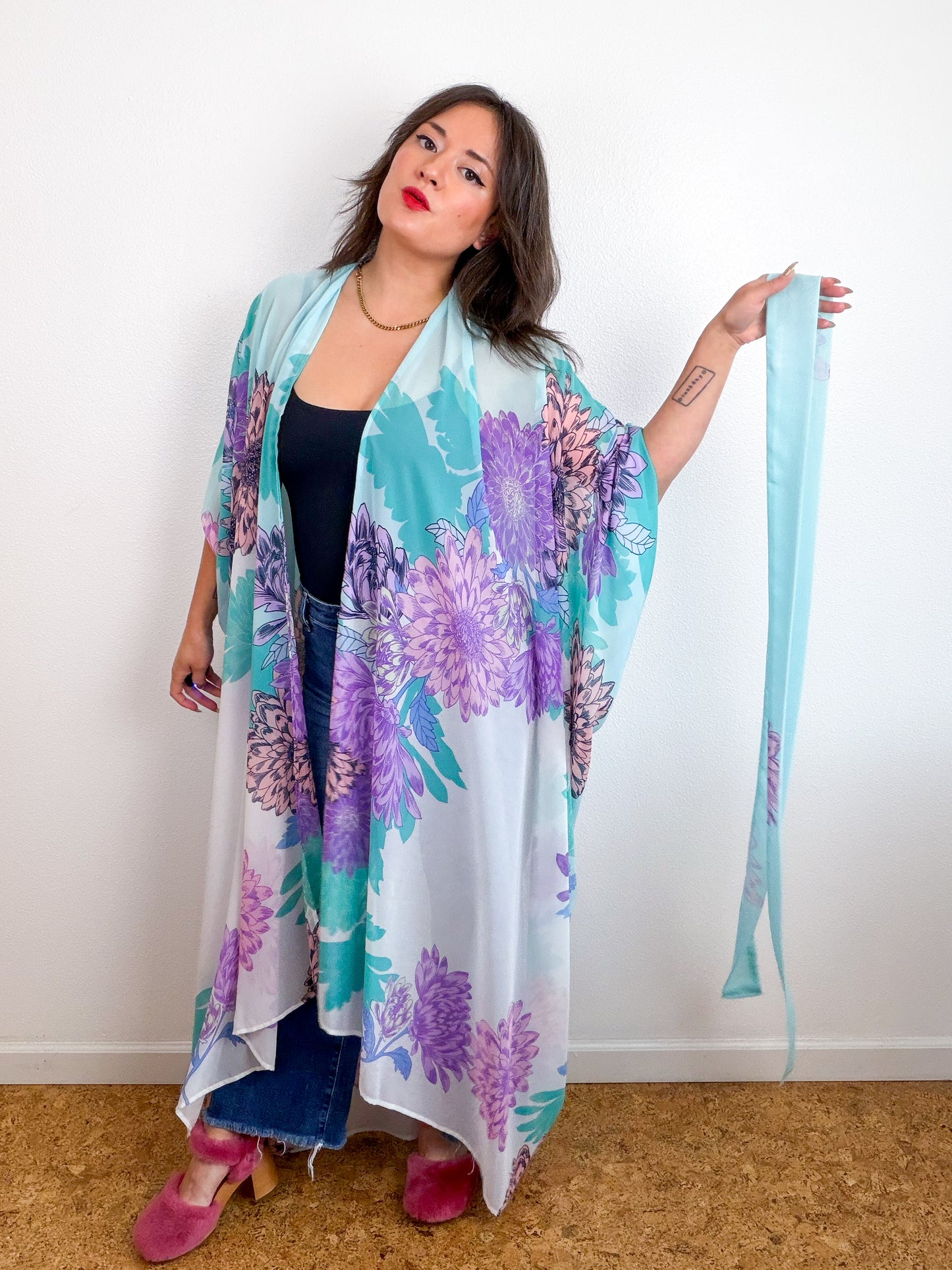Print High Low Kimono Aqua Lavender Dhalia Chiffon