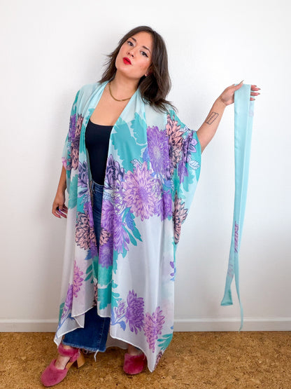 Print High Low Kimono Aqua Lavender Dhalia Chiffon