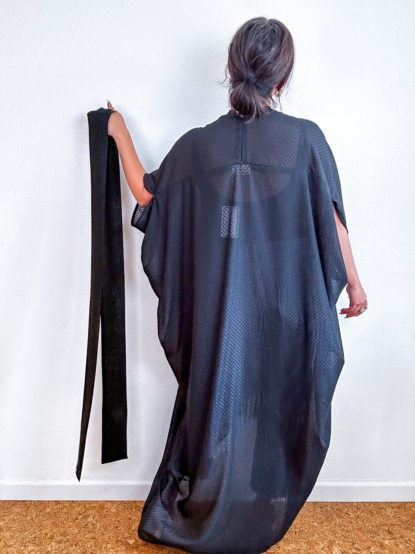 Solid High Low Kimono Black Sparkle Dot Chiffon