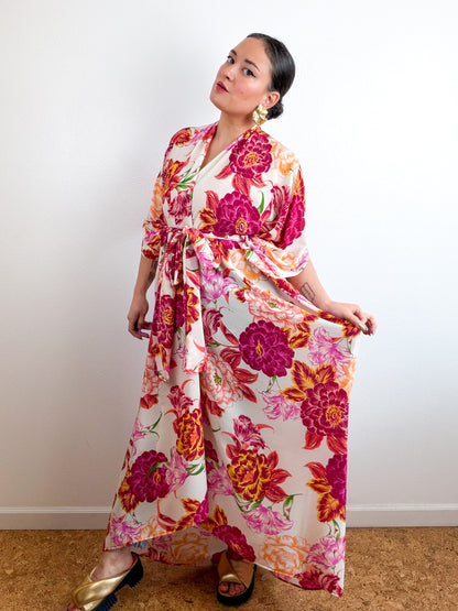 Print High Low Kimono Magenta Peony Bubble Crepe