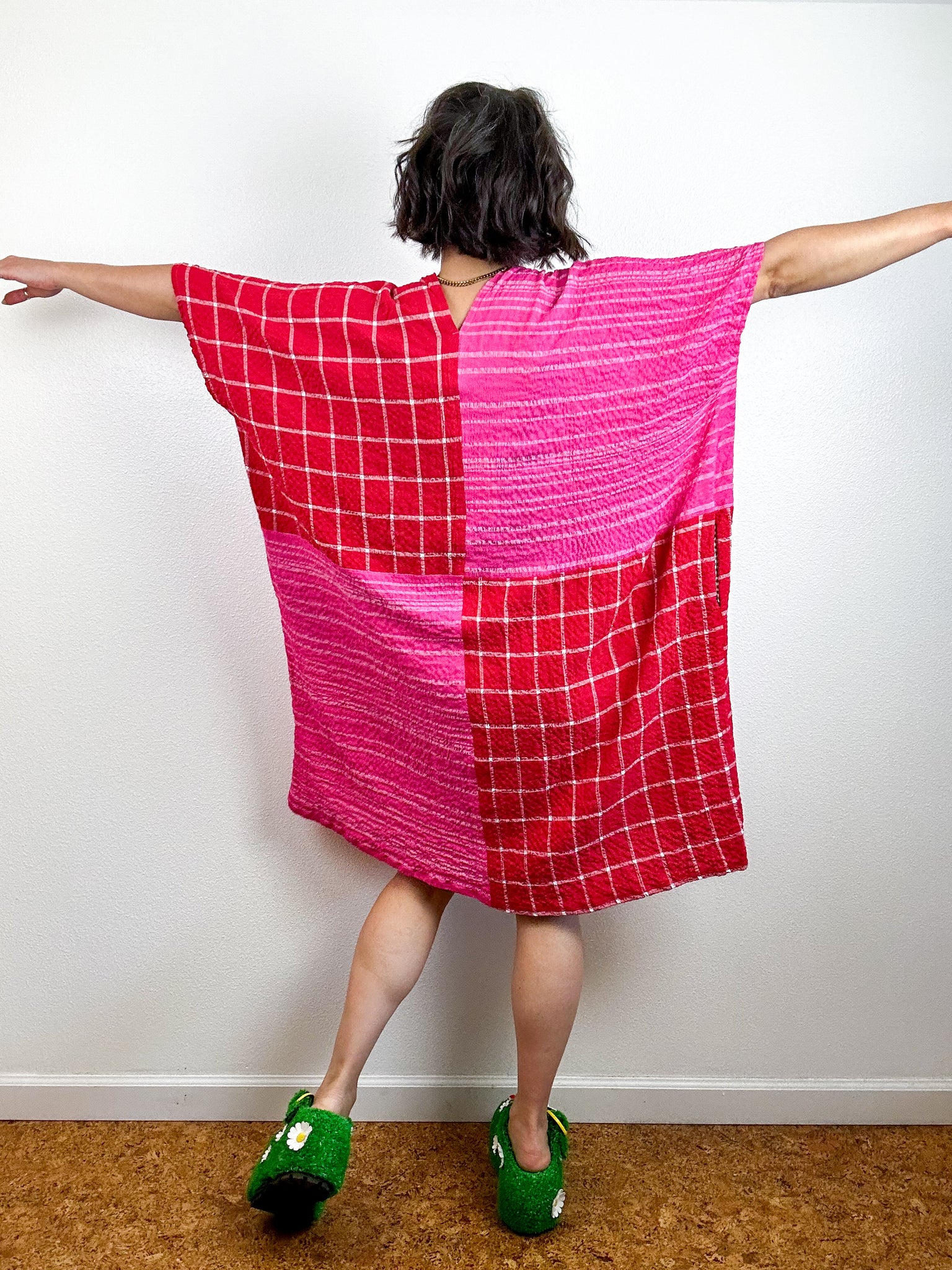 Oversized Windowpane Seersucker Smock Dress Pink Red