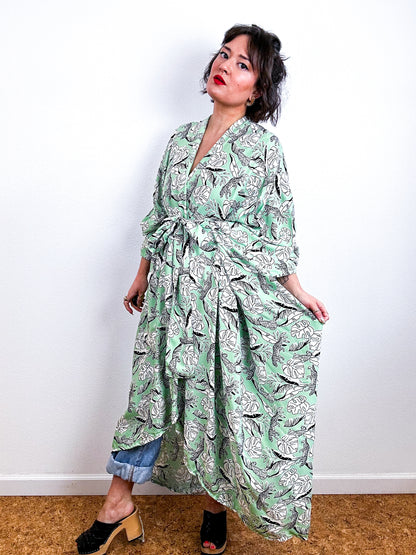 Print High Low Kimono Mint Cheetah Leaf Challis
