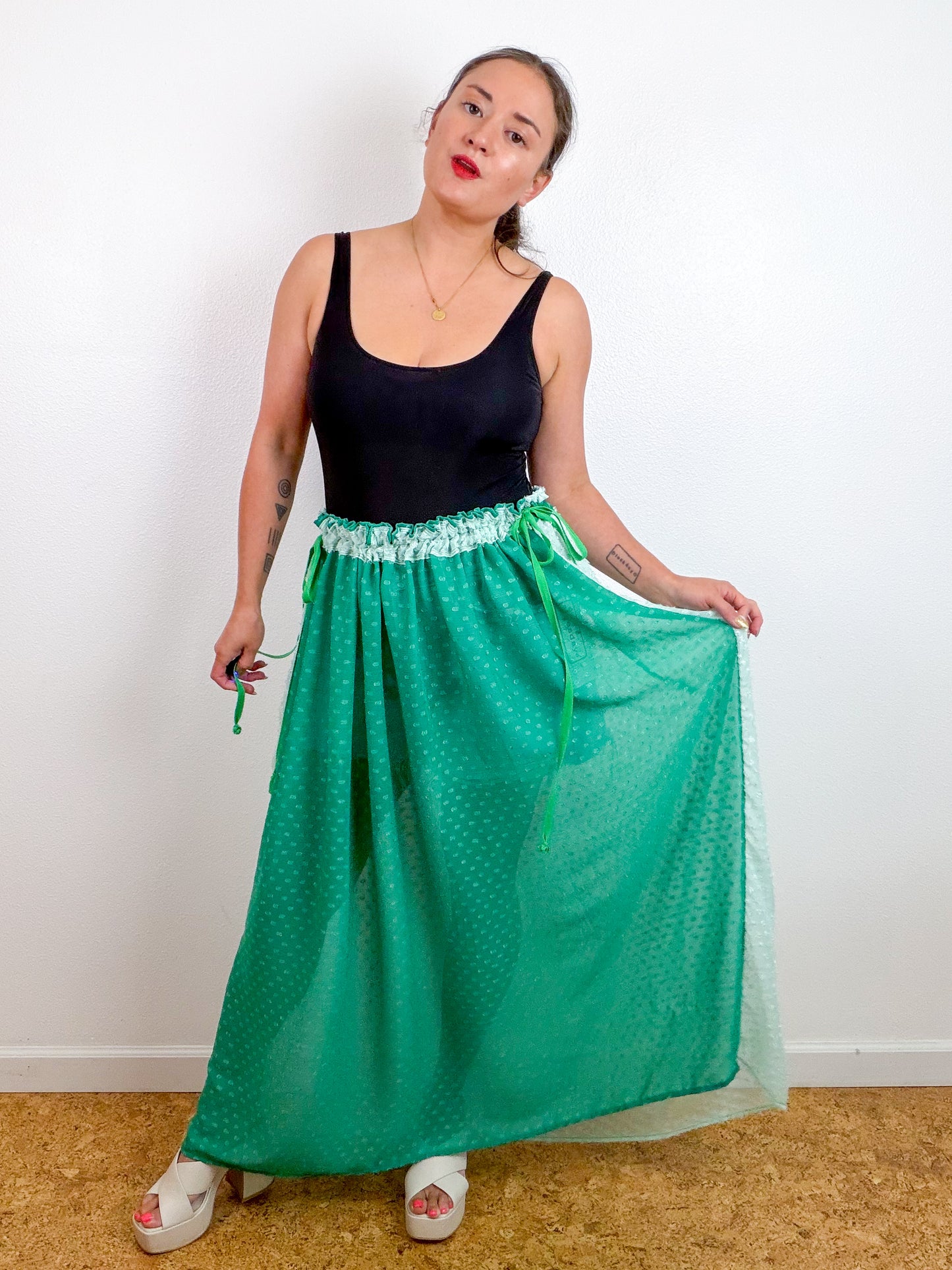 THE SKIRT Seafoam Green Swiss Dot Reversible Chiffon
