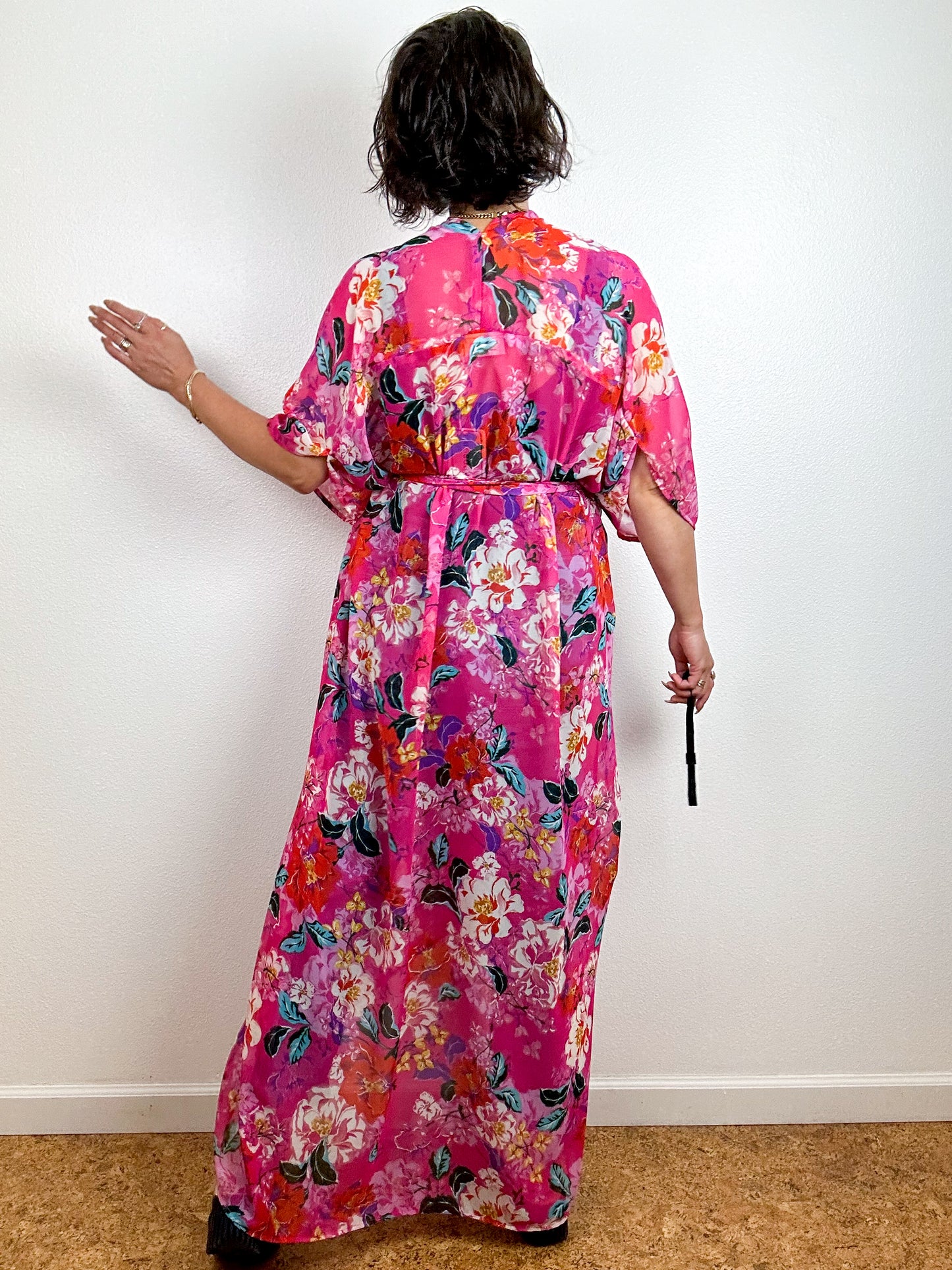 Print High Low Kimono Fuchsia Peony Chiffon