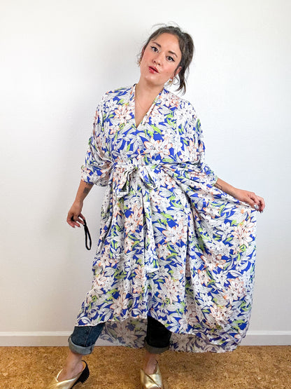 Print High Low Kimono Blue White Tropical Challis