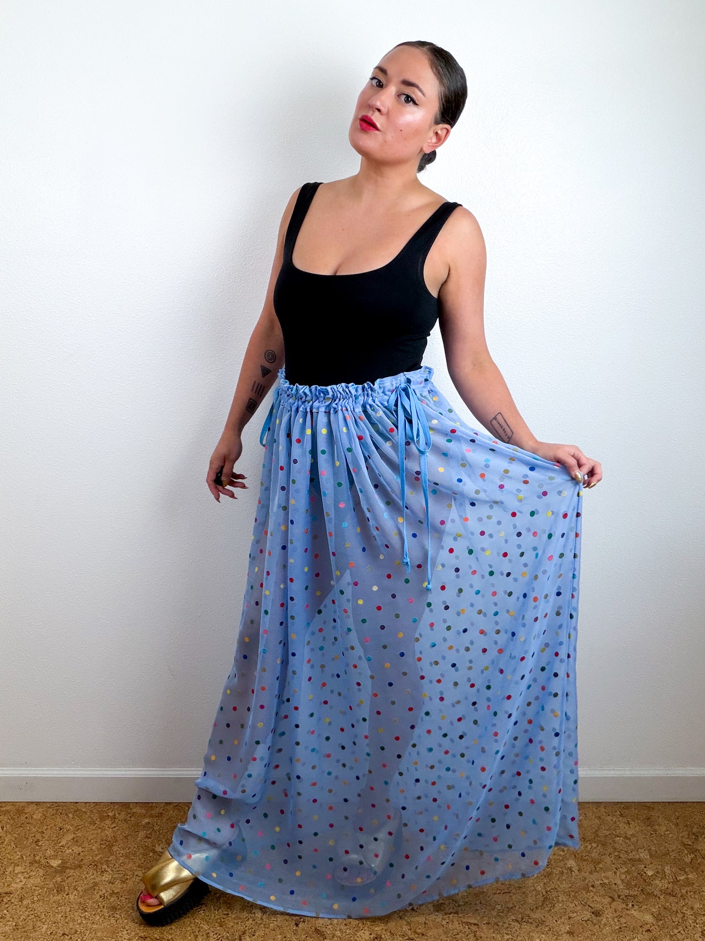 THE SKIRT Blue Rainbow Dots Silk Chiffon