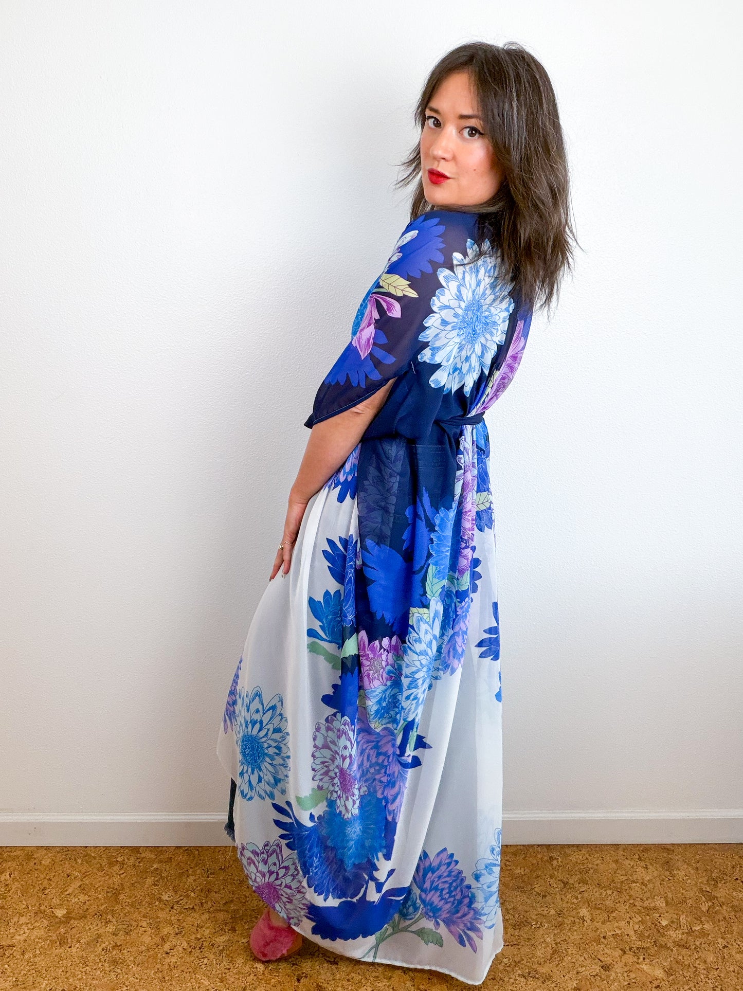 Print High Low Kimono Navy Lavender Dhalia Chiffon