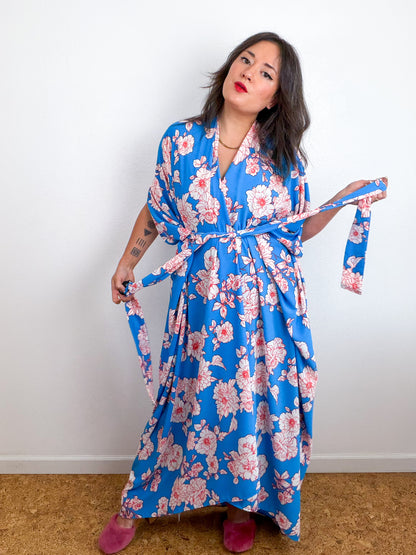 Print High Low Kimono Turquoise Orange Floral Bubble Crepe