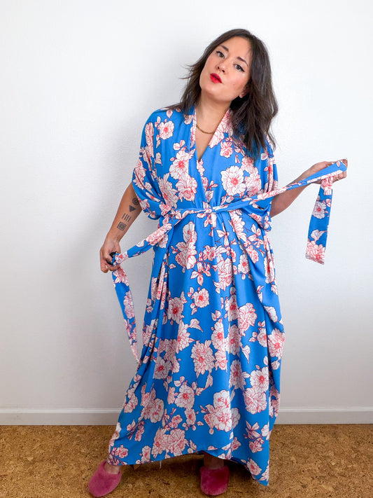 Print High Low Kimono Turquoise Orange Floral Bubble Crepe