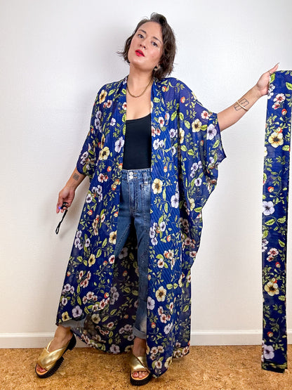 Print High Low Kimono Navy Wildflower Floral Chiffon
