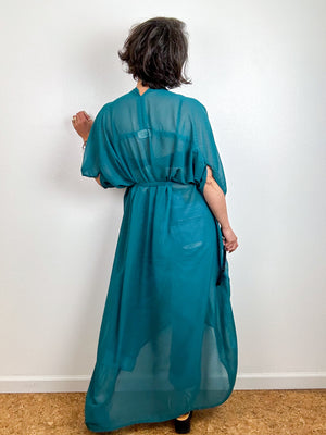 Solid High Low Kimono Teal Dot Chiffon