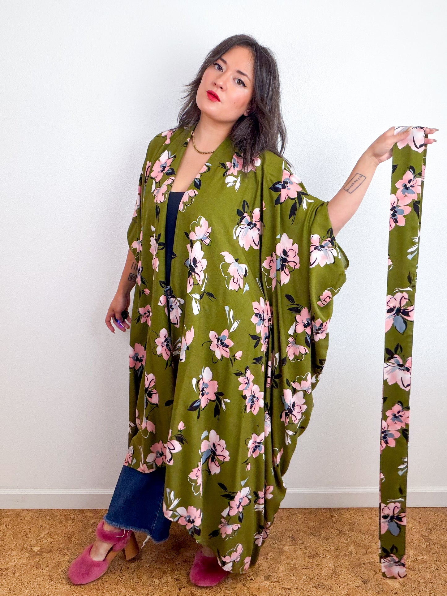 Print High Low Kimono Olive Floral Challis