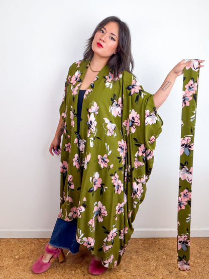Print High Low Kimono Olive Floral Challis