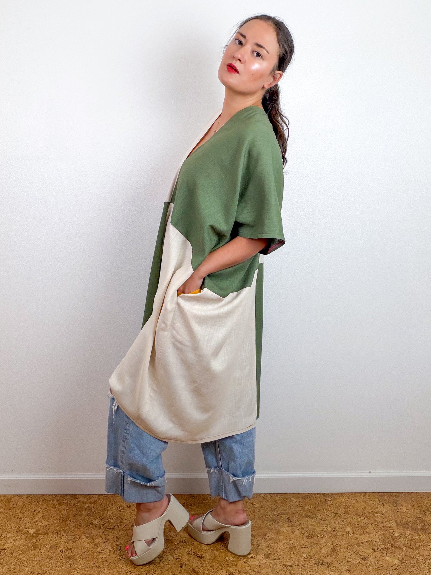 Linen Blend Caftan Dress Olive Ivory Color Block