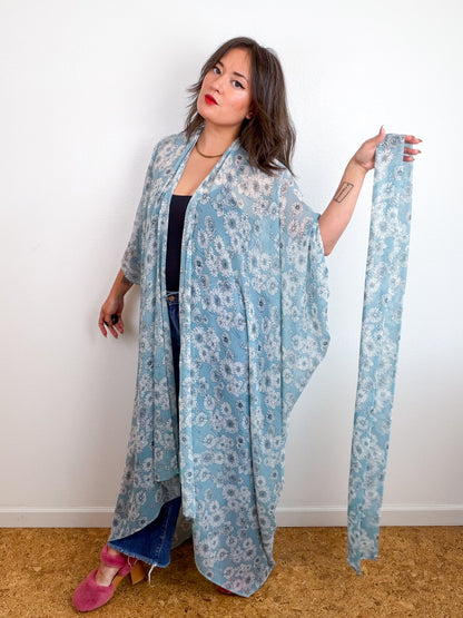 Print High Low Kimono Powder Blue Floral Chiffon