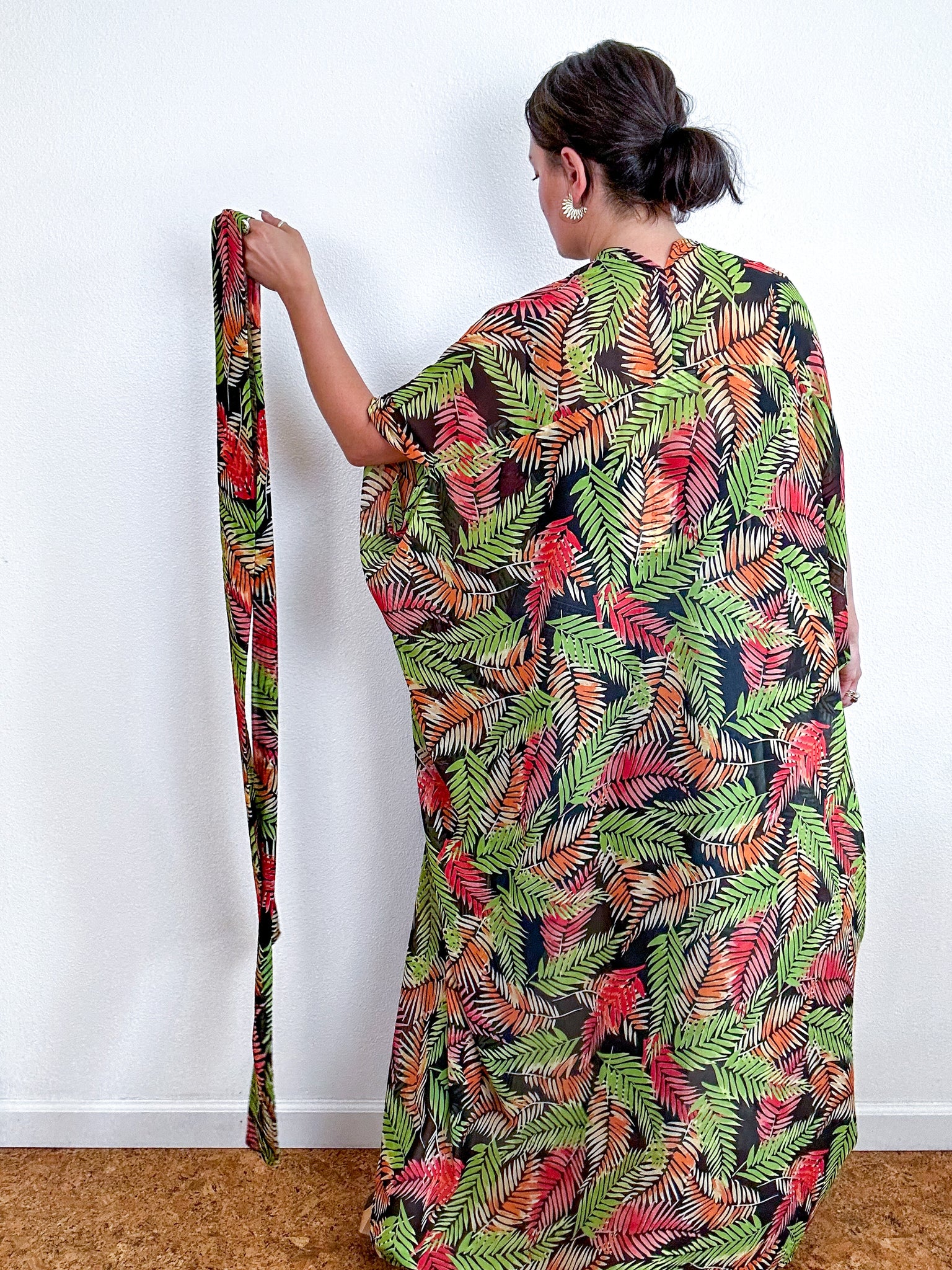 Print High Low Kimono Green Orange Palm Chiffon