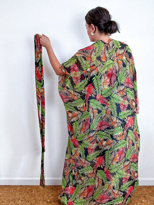 Print High Low Kimono Green Orange Palm Chiffon