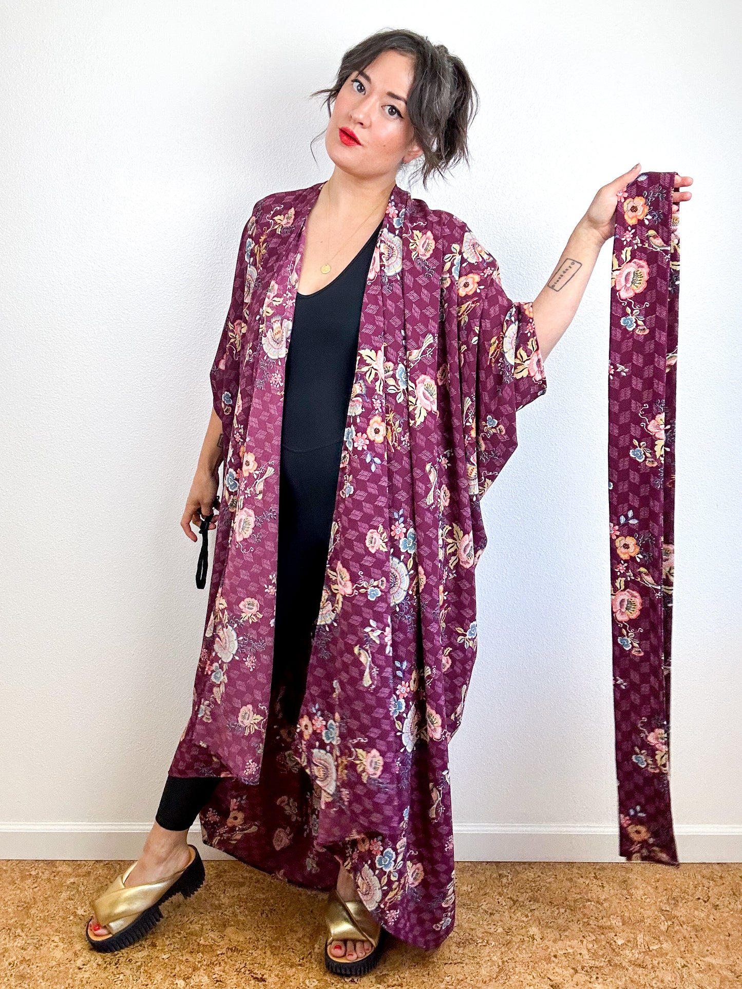 Print High Low Kimono Maroon Paisley Bubble Crepe