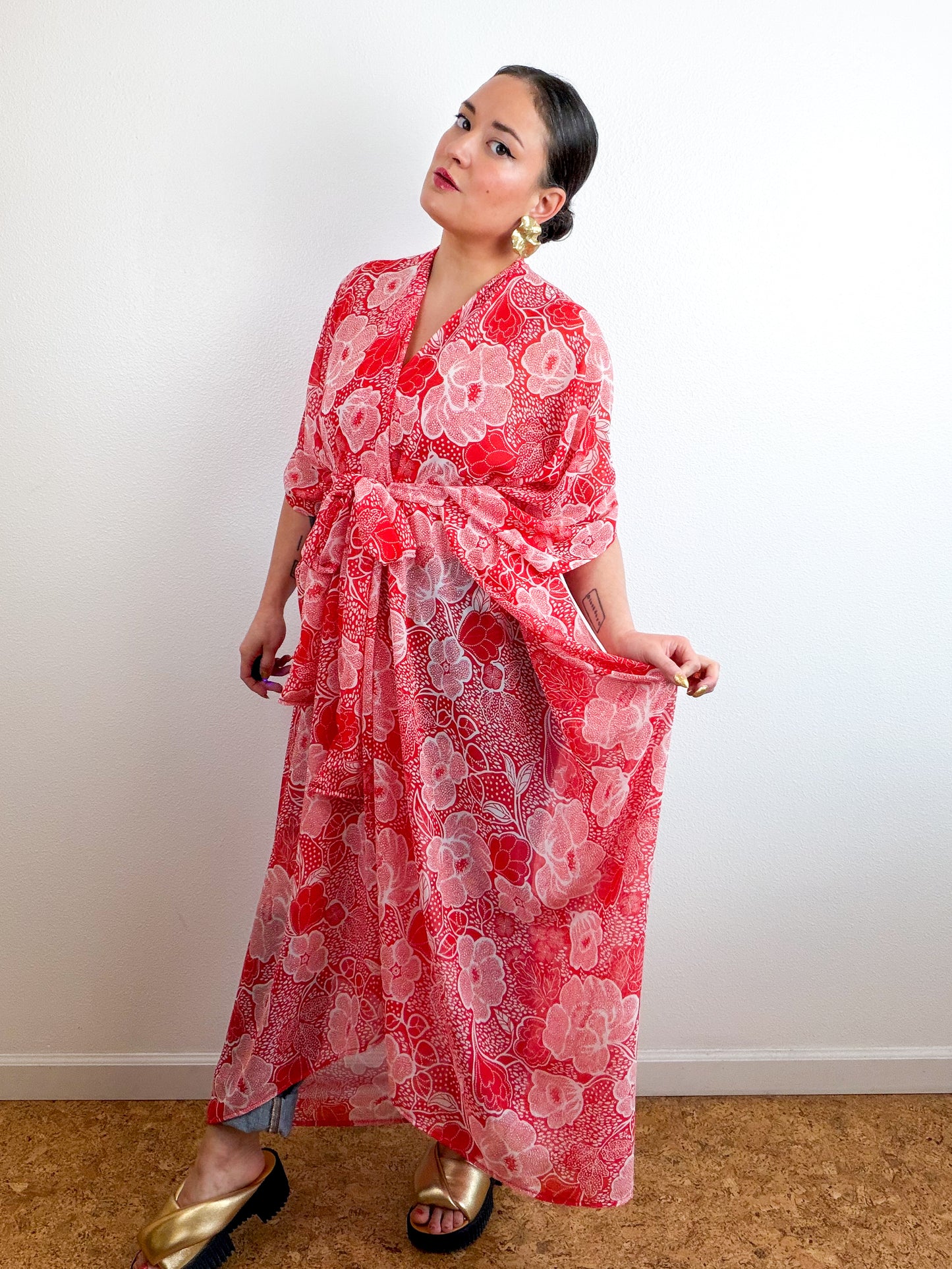 Print High Low Kimono Red Floral Chiffon